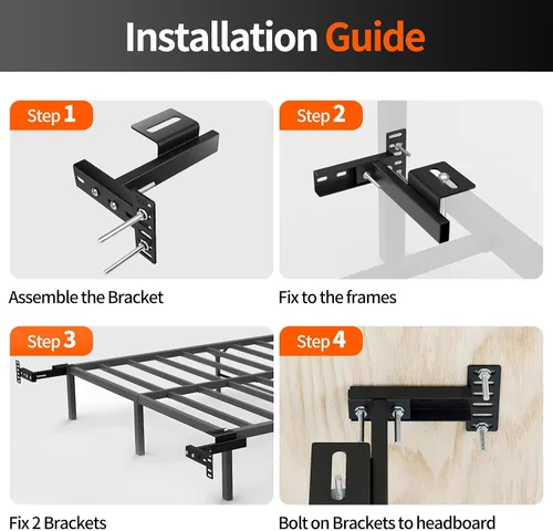 Vista 5 de Soportes de cabecera para marco de cama de metal, base ajustable, soportes de montaje en pared, kit de extensión de estribo para cama individual