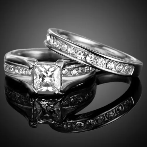 Vista 4 de Anillo de acero inoxidable de corte princesa, anillo de boda, compromiso, aniversario, propuesta, eternidad, halo