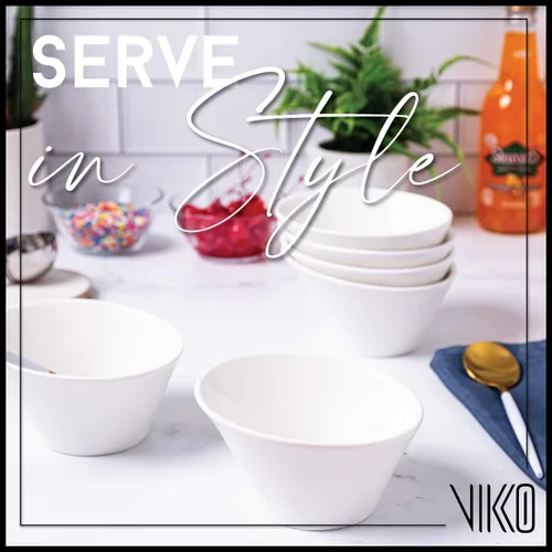 Vista 2 de Vikko Juego de 4 cuencos blancos de cerámica, 10 onzas versátiles para ensalada, sopa o postre, forma elegante, aptos para lavavajillas