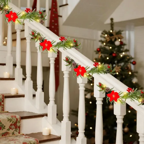 Vista 6 de DR.DUDU Guirnalda de Navidad artificial preiluminada de 6 pies con 20 luces LED, funciona con pilas con piñas, bayas rojas, agujas de pino, corona