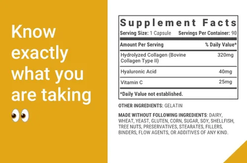 Vista 3 de Colágeno tipo 2 para apoyo articular Hidrolizado alimentado con pasto con ácido hialurónico y vitamina C Salud de las articulaciones y apoyo