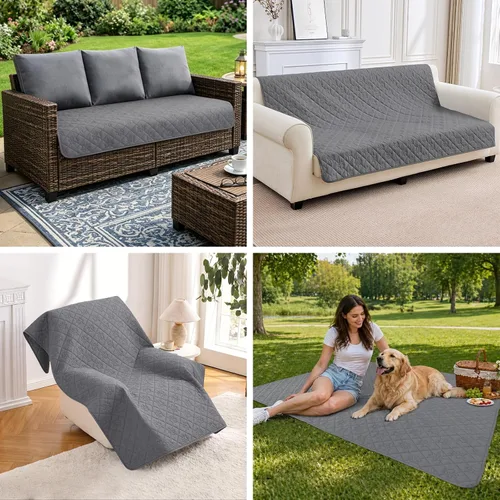 Vista 13 de Funda impermeable de 4 plazas para perros, manta acolchada con estampado de patas para sofá y cama de 4 cojines, resistente al pelo de mascotas Gris