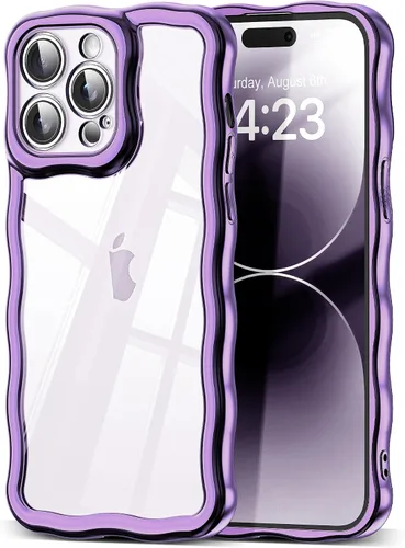 Vista 82 de SKYLMW Funda compatible con iPhone 12 Pro, diseño de ondas rizadas kawaii, borde chapado de lujo, elegante parte trasera transparente brillante, TPU