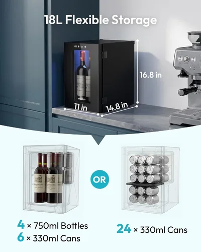 Vista 3 de EUHOMY Nevera de vino independiente de 18 litros, mini nevera para 4 botellas y 6 latas para vino tinto y blanco, bodega con pantalla digital LED