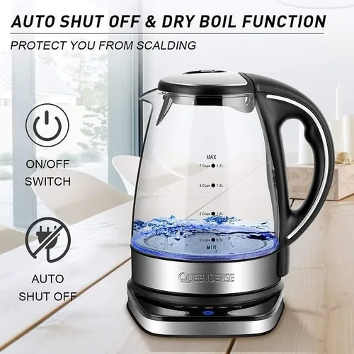 Vista 5 de QUEENSENSE - Teteras eléctricas de vidrio para agua caliente con luz LED azul de 1,7 L