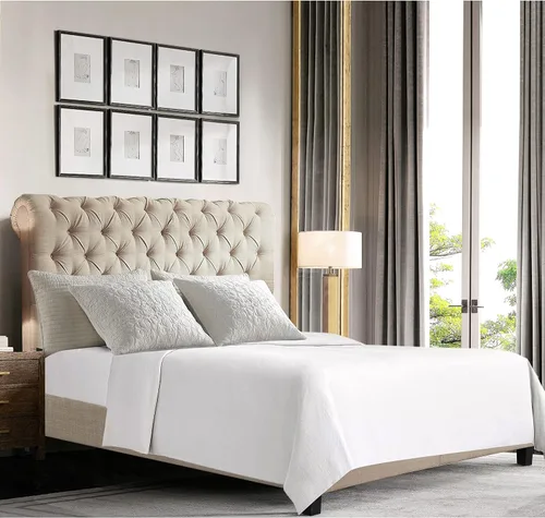 Vista 9 de Rosevera Atherine - Marco de cama tapizado de tela con cabecera ajustable, estilo Chesterfield, cabeza enrollada, soporte de listones de madera