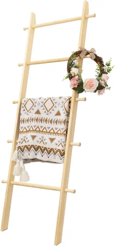 Vista 23 de Escalera para mantas, soporte de edredón de madera de 5 niveles, natural