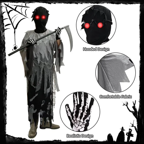 Vista 3 de Dekewe Disfraces de Halloween de la parca para niños y niñas, disfraz de Halloween aterrador con ojos brillantes de la guadaña Cosplay
