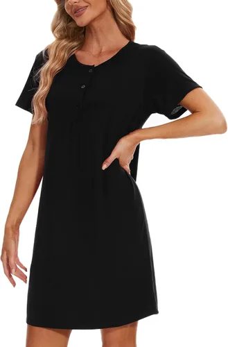 Vista 4 de HONG HUI Camisón de manga corta para mujer, ropa de dormir con estampado, ropa de dormir suelta, ropa de dormir