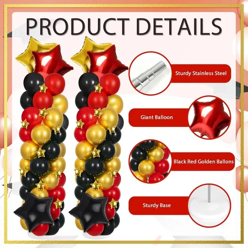 Vista 2 de 2 juegos de globos negros dorados y rojos, kits de soporte de columna de globos ajustables con 4 estrellas, guirnalda de noche de película, globos