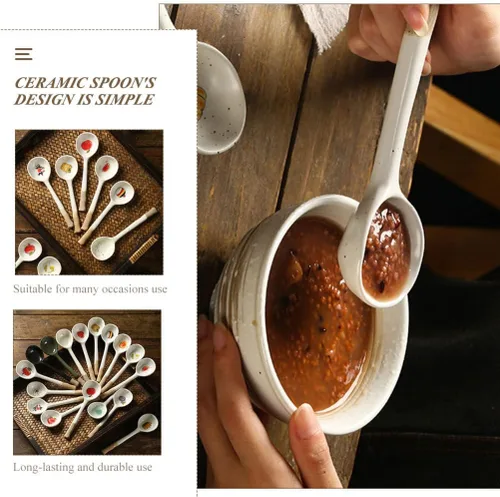 Vista 6 de Operitacx Cuchara de cerámica Cucharas retro Azúcar Japonés Fideos Grandes Fideos Coreanos Sopa Postre Asiático Cuchara Fórmula Cucharas Coreana