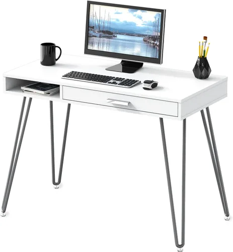 Vista 9 de SHW Escritorio de patas con horquilla para computadora de oficina en casa con cajón, color negro