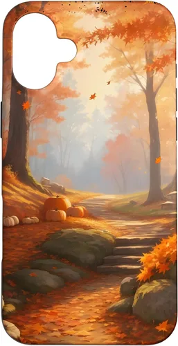 Vista 22 de iPhone 13 Pro Max Idílica escena del bosque de otoño, hojas de otoño, funda de calabazas