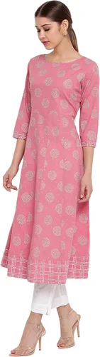 Vista 4 de Janasya Kurta de algodón para mujer india, Rosado