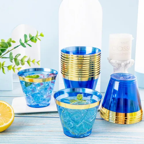 Vista 6 de Nervure 240 vasos de plástico azules – Vasos de plástico con borde dorado de 9 onzas – Taza azul desechable resistente con borde dorado perfecto