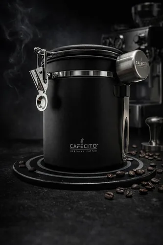 Vista 5 de CAFECITO® - Recipiente de café hermético de acero inoxidable de 18 onzas con válvula de CO₂, rastreador de fecha y cucharada, almacenamiento de café