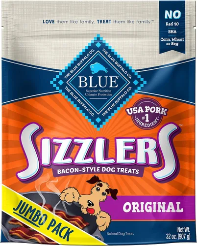 Vista 12 de Blue Buffalo Sizzlers Golosinas para perros estilo tocino con cerdo real de Estados Unidos, sabor cheddar, bolsa de 15 onzas