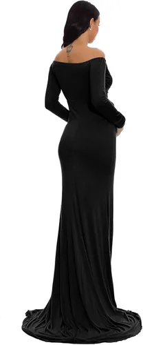 Vista 4 de ZIUMUDY - Vestido ajustado de maternidad con cuello en V fruncido, hombros descubiertos, manga larga, maxivestido para fotografía