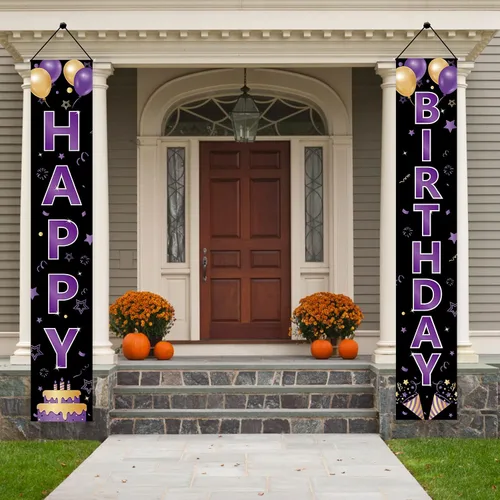 Vista 4 de Cartel de feliz cumpleaños de color morado dorado para mujeres y niñas, letrero de feliz cumpleaños morado, suministros de fiesta, 16, 21, 30, 40