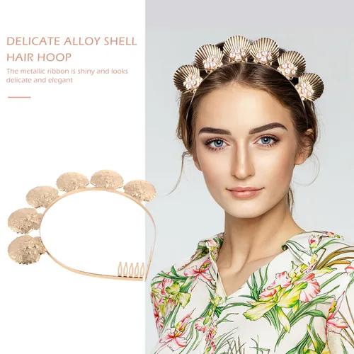Vista 8 de minkissy Diadema de concha de perlas doradas, accesorio para el cabello para mujeres y niñas, vacaciones, boda, fiesta, cosplay, ligero y decorativo