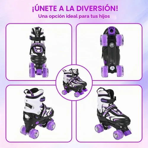 Vista 6 de Patines ajustables para niños pequeños y adultos, ruedas iluminadas, 4 tamaños Negro&Púrpura