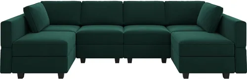 Vista 8 de Belffin - Sofá modular en forma de U, con asiento de almacenamiento, reversible, con tumbona, de terciopelo, color verde