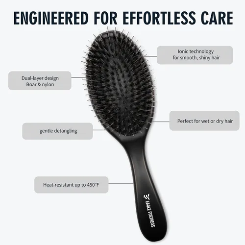 Vista 3 de Cepillo de cerdas de jabalí para mujeres, hombres y niños, cepillo desenredante para cabello grueso, adelgazamiento, seco o húmedo con alfileres