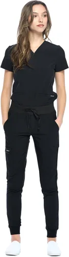 Vista 3 de Dagacci Medical Uniform® Women's V-Neck Jogger Scrubs Negro