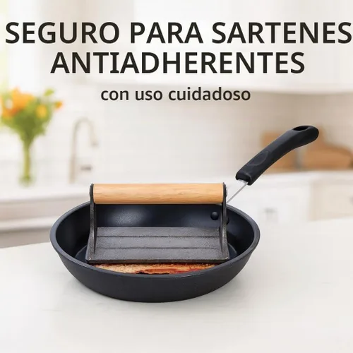 Vista 5 de HIC Kitchen Bacon Press, Heavyweight Cast Iron, Rectangular With Wood Handle, For Stovetop Grill And Griddle