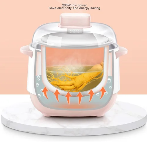 Vista 4 de Jiawu Olla eléctrica para estofado, olla arrocera digital de 200 W 1 L con tapa, pequeña olla de cerámica con temporizador integrado, hace sopas