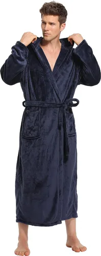 Vista 5 de iFigure Bata de baño de forro polar con capucha para hombre, bata larga de felpa para hombre, cálida y suave bata de spa