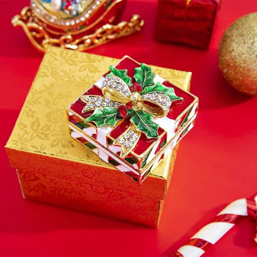 Vista 6 de YU FENG Caja de baratija de Navidad con lazo y hojas verdes, decoración de diamantes de imitación esmaltados pintados esmaltados con bisagras