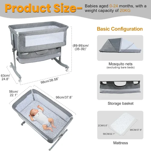 Vista 2 de 3-in-1 Baby Bassinet Bedside Sleeper, Foldable Portable Crib with Rocking Mode, Adjustable Height, Wheels, Storage Basket, Mattress and Mosquito Grey
