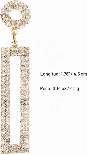 Vista 5 de Aretes Largos Colgantes de Pedrería Llamativos, Rectángulo Colgante con Tachuelas Circulares, Joyería de Moda Dorado