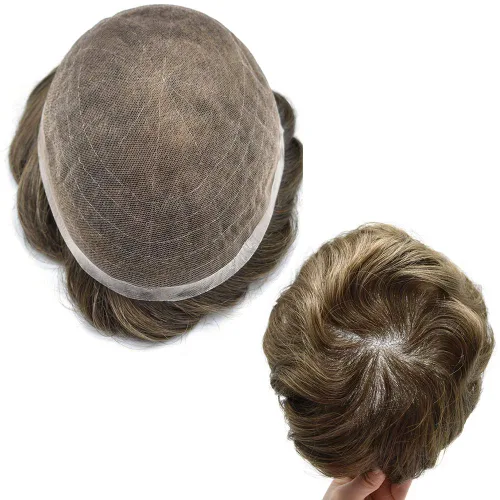 Vista 22 de Sistema de cabello para hombre, encaje francés suave, pieza de cabello humano real, nudos blanqueados, cabello frontal, tupé para hombres