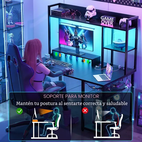 Vista 5 de Cyclysio Escritorio para juegos con gabinete, escritorio para computadora de 39 pulgadas con luces LED y tomas de corriente, escritorio de oficina