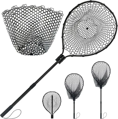 Vista 10 de Red de pesca de goma telescópica de metal con mango Longitud: 59 "Profundidad: 19.7 "Aro: 26 "x18" Muelle de red de aterrizaje de peces de silicona