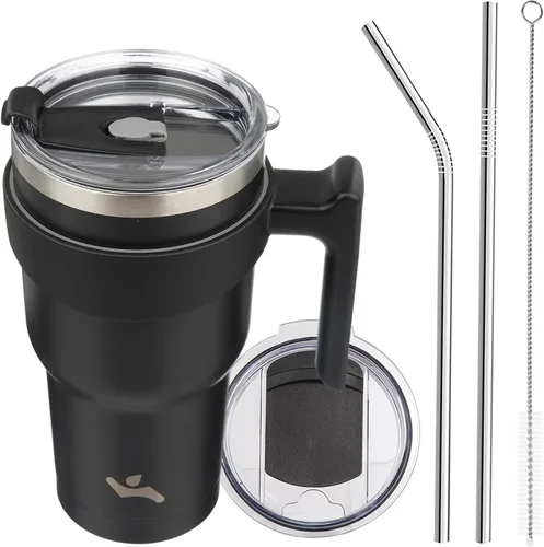 Vista 42 de Konokyo - Vaso de 10 onzas con asa y 2 popotes, 2 tapas, botella de agua aislada de acero inoxidable, taza de viaje reutilizable, color verde militar