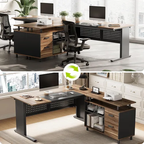 Vista 5 de LITTLE TREE Escritorio grande para computadora con archivador, escritorio ejecutivo en forma de L de 63 pulgadas con cajones y estantes