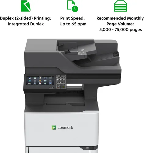 Vista 5 de Lexmark MX721ade Impresora láser monocromática, dúplex integrado, pantalla táctil a color de 7 pulgadas, Energy Star, Volumen de página mensual