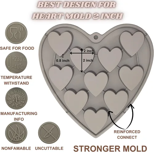 Vista 5 de Moldes de silicona con forma de corazón para hornear, moldes grandes de 2 pulgadas, 10 cavidades adecuadas para moldes de cubitos de hielo, molde