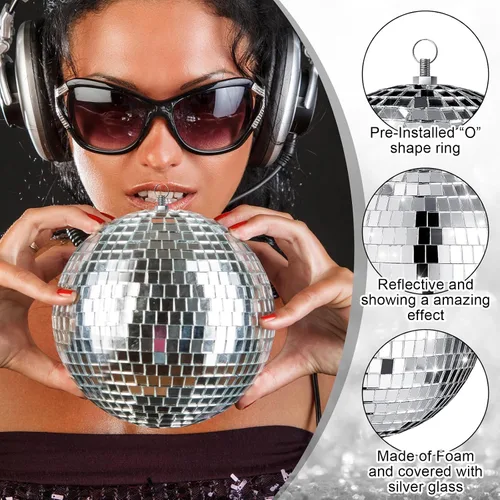 Vista 3 de Haull - Set de 8 bolas de discoteca grandes, bolas de espejo plateadas y reflectantes con anillo para colgar, ornamento para fiesta, decoración