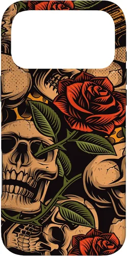Vista 22 de Funda con diseño de tatuajes de flash tradicional para iPhone 17 con diseño retro rojo de rosas de calavera