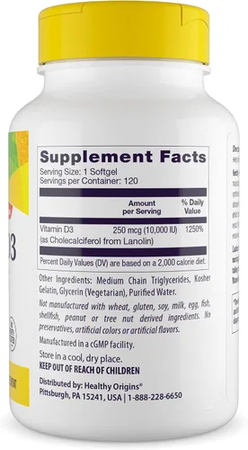 Vista 3 de Healthy Origins Vitamina D3 10,000 UI (250 mcg), 120 cápsulas blandas líquidas - Apoya huesos fuertes, dientes saludables y función del sistema