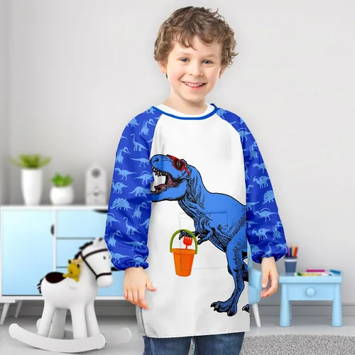 Vista 2 de PASHOP Bata de arte para niños, de unicornio, impermeable, para niñas, niños, manga larga, hasta la rodilla, con bolsillo (dinosaurio azul, 3-7 años)