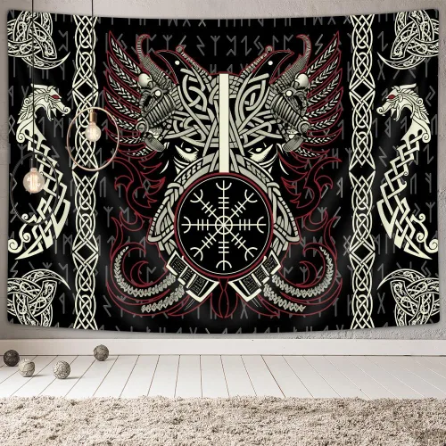 Vista 3 de Ptrxobj Tapiz nórdico vikingo, fresco dragón fénix tapiz colgante de pared para hombres dormitorio, mitología noruega retro pagana celta negro