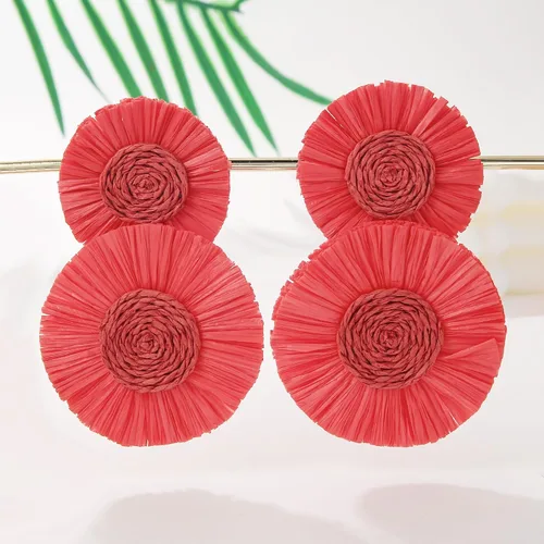 Vista 3 de Pendientes redondos llamativos de rafia con palmera bohemia para mujer