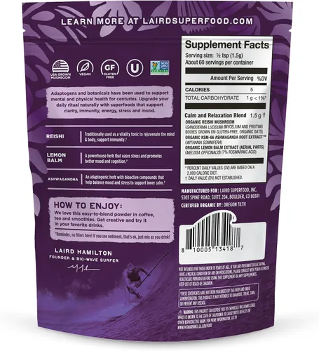 Vista 2 de Laird Superfood Mezcla orgánica de hongos Calm and Relax con Reishi, bálsamo de limón y Ashwagandha, bolsa de 3.17 onzas, paquete de 1