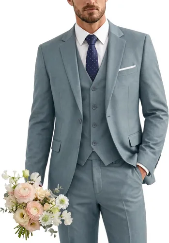 Vista 38 de Traje de 3 piezas para hombre con corbata, chaleco sólido de un botón y beige (529-beige)