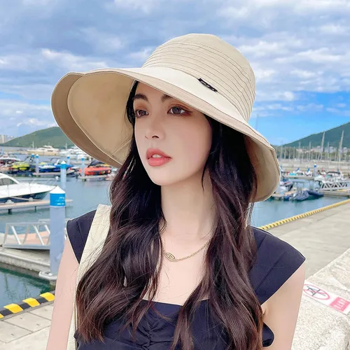 Vista 2 de Sombreros de sol de ala ancha para mujer, sombreros de pesca de playa de verano, gorra plegable con protección UV Beige